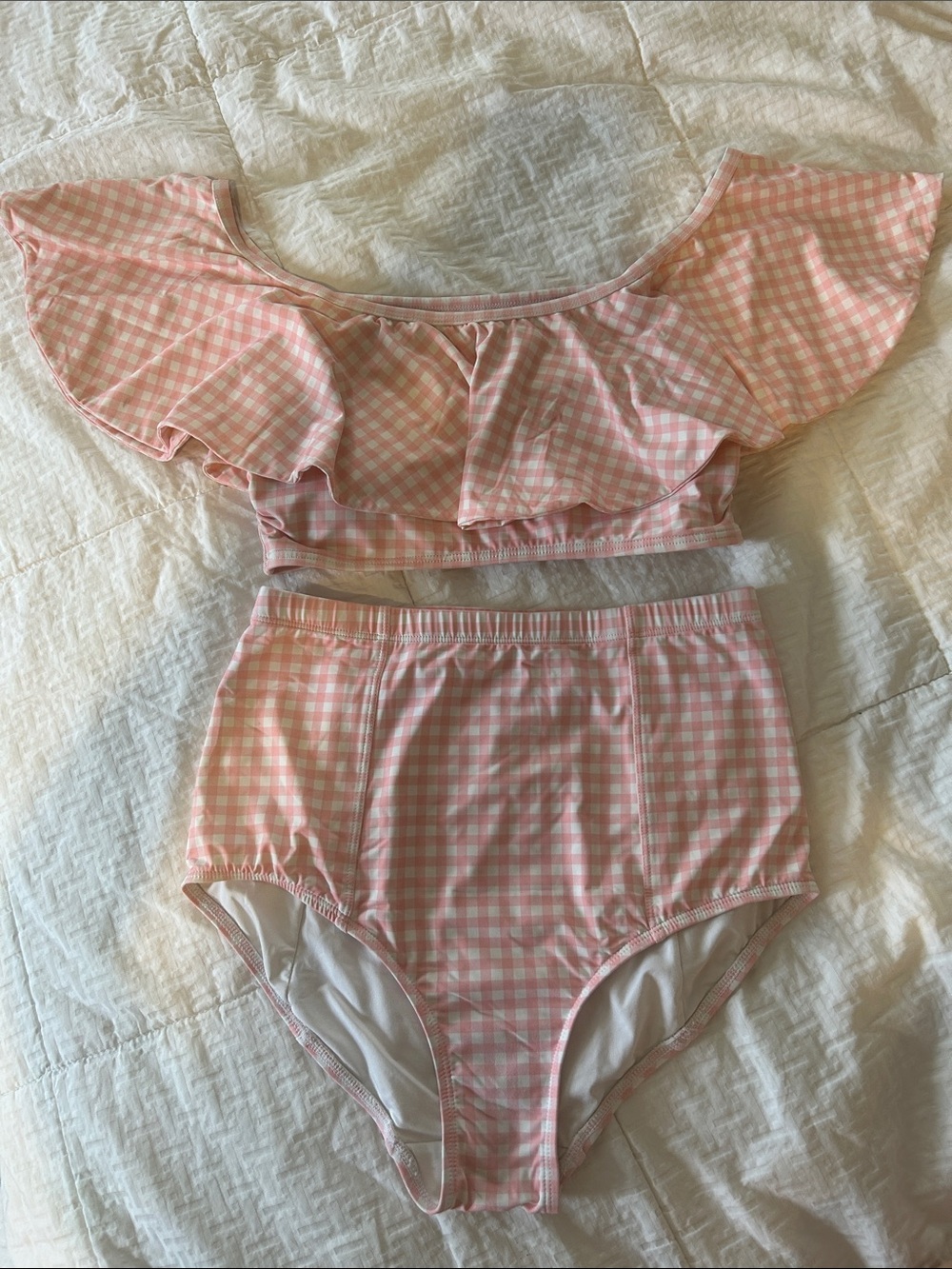 Pink Gingham Ruffle Off-Shoulder Bikini Set
